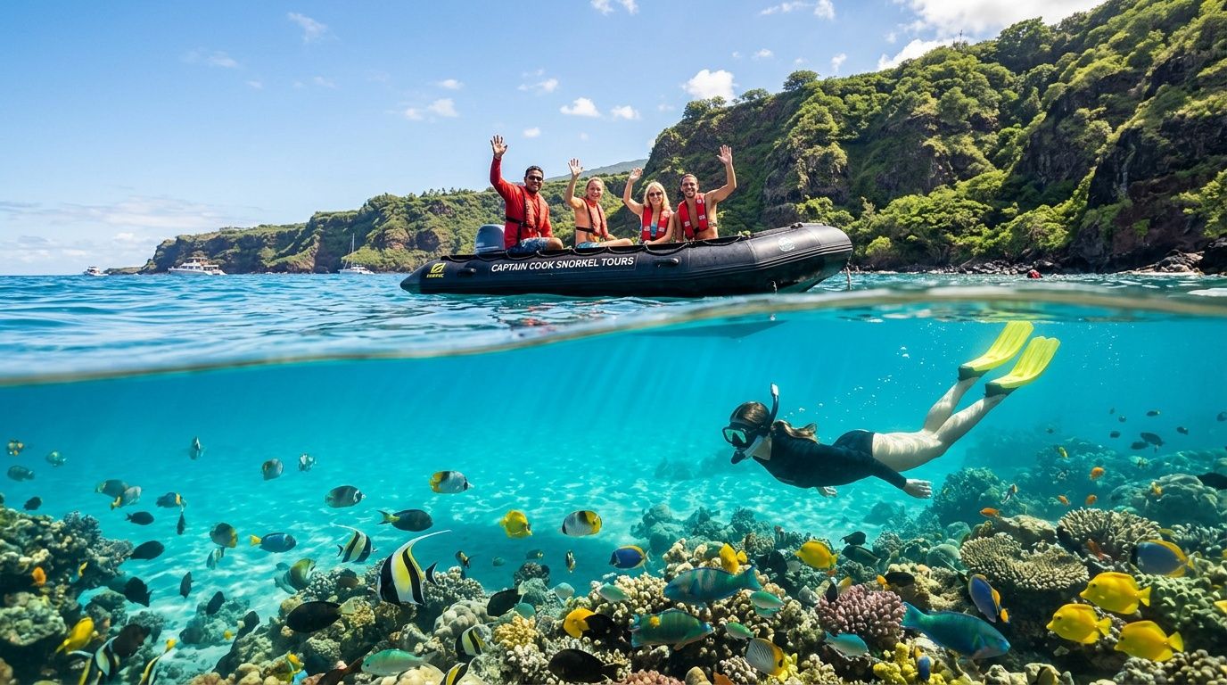 Snorkeler underwater with fish, people waving on boat above, lush cliffs in background.