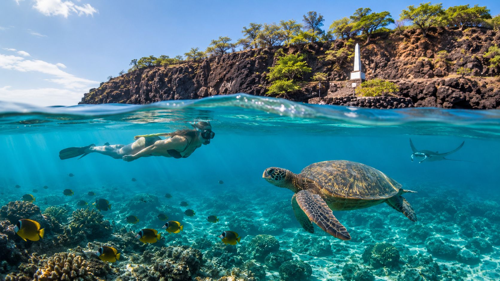 Snorkeler swims near sea turtle in clear water with rocky shore and monument in background.