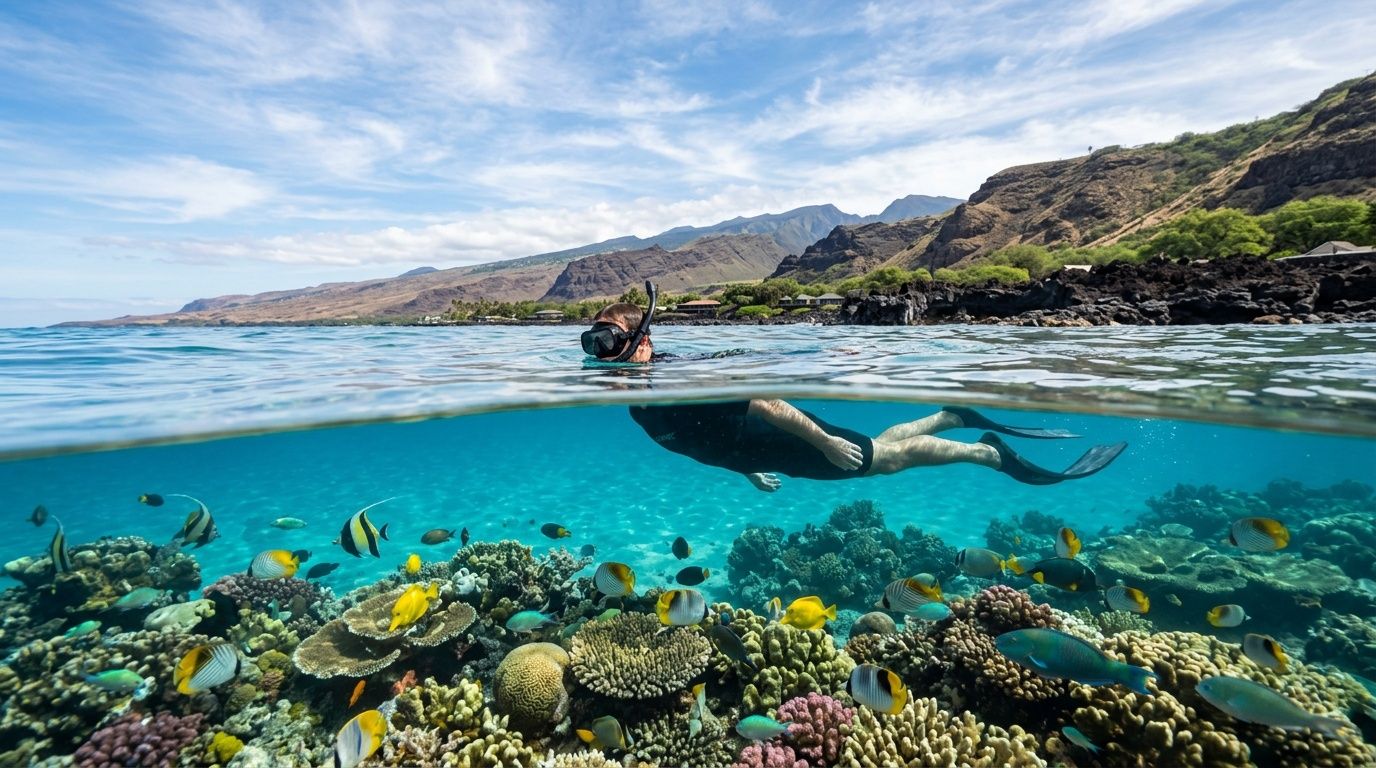 Snorkeler above colorful coral reef and fish, with mountains in the background.