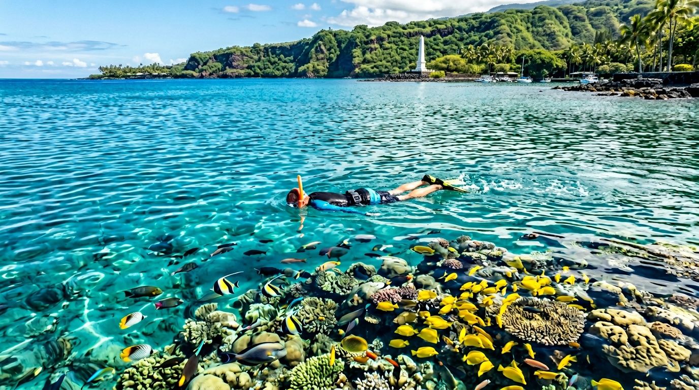 Person snorkeling in clear blue water with colorful fish and coral.