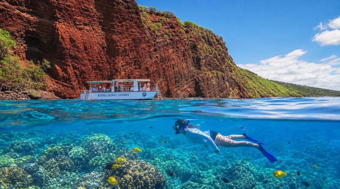 Snorkeler in clear water near coral, boat and red cliffs in background.