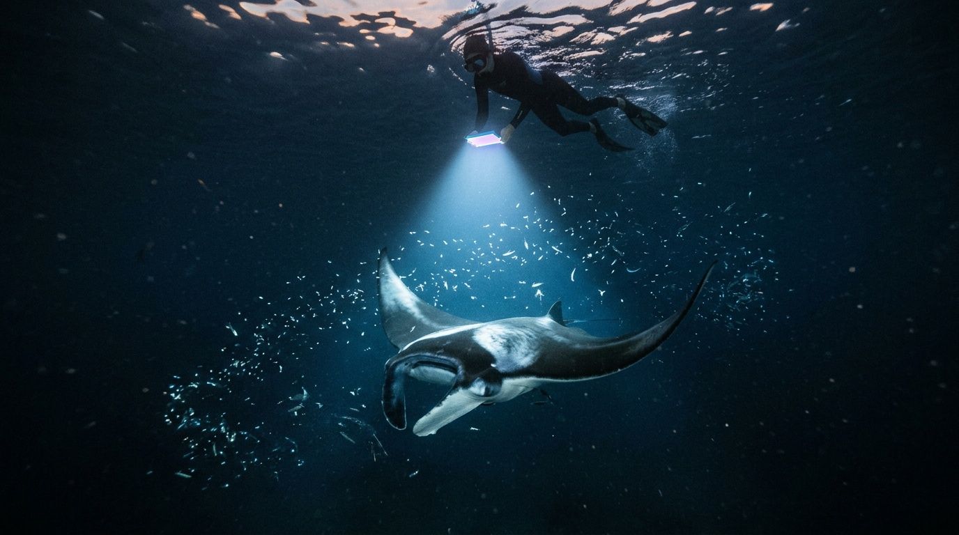 Diver with light swims above manta ray in dark water filled with small fish.