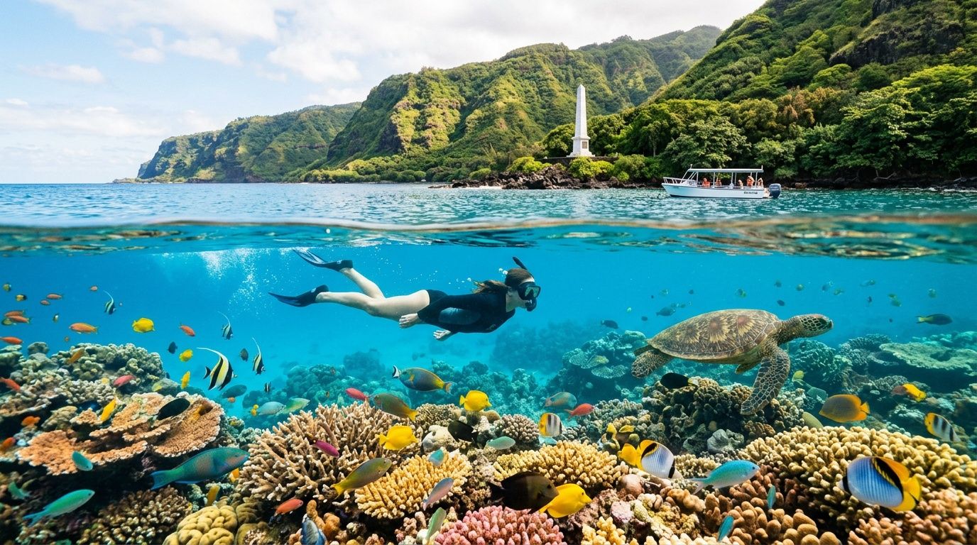 Snorkeler and turtle in vibrant coral reef with boat and lush green mountains in background.