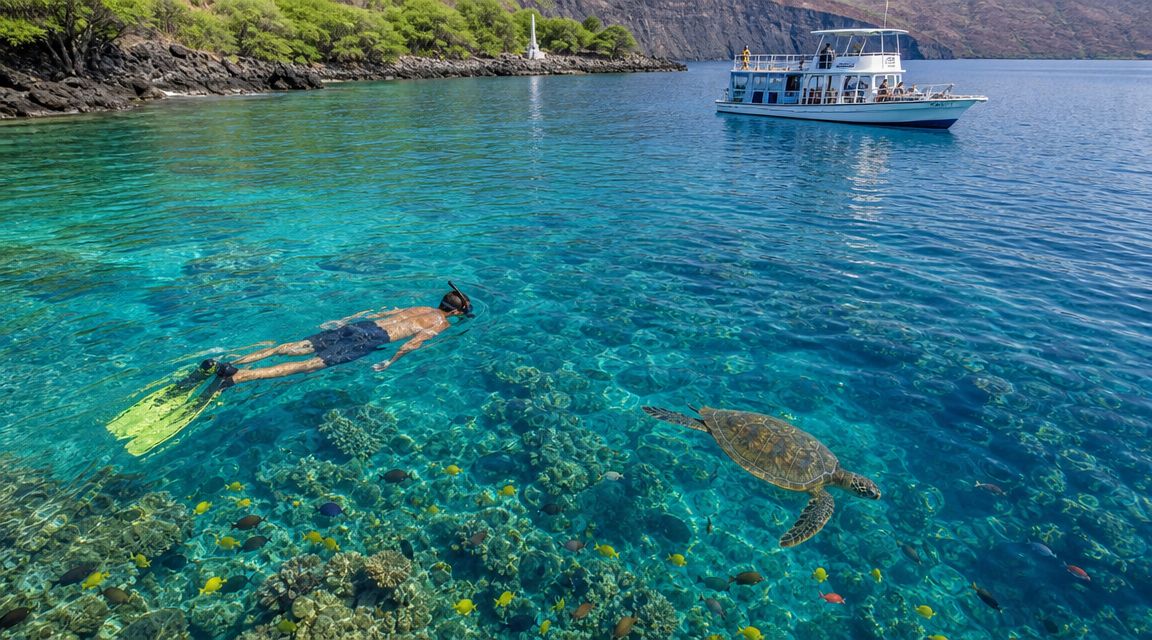 Person snorkeling near sea turtle in clear water with a boat and coastline in the background.