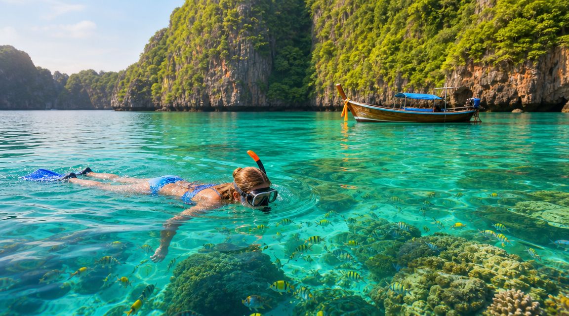 Person snorkeling in clear turquoise water near a boat and lush green cliffs.