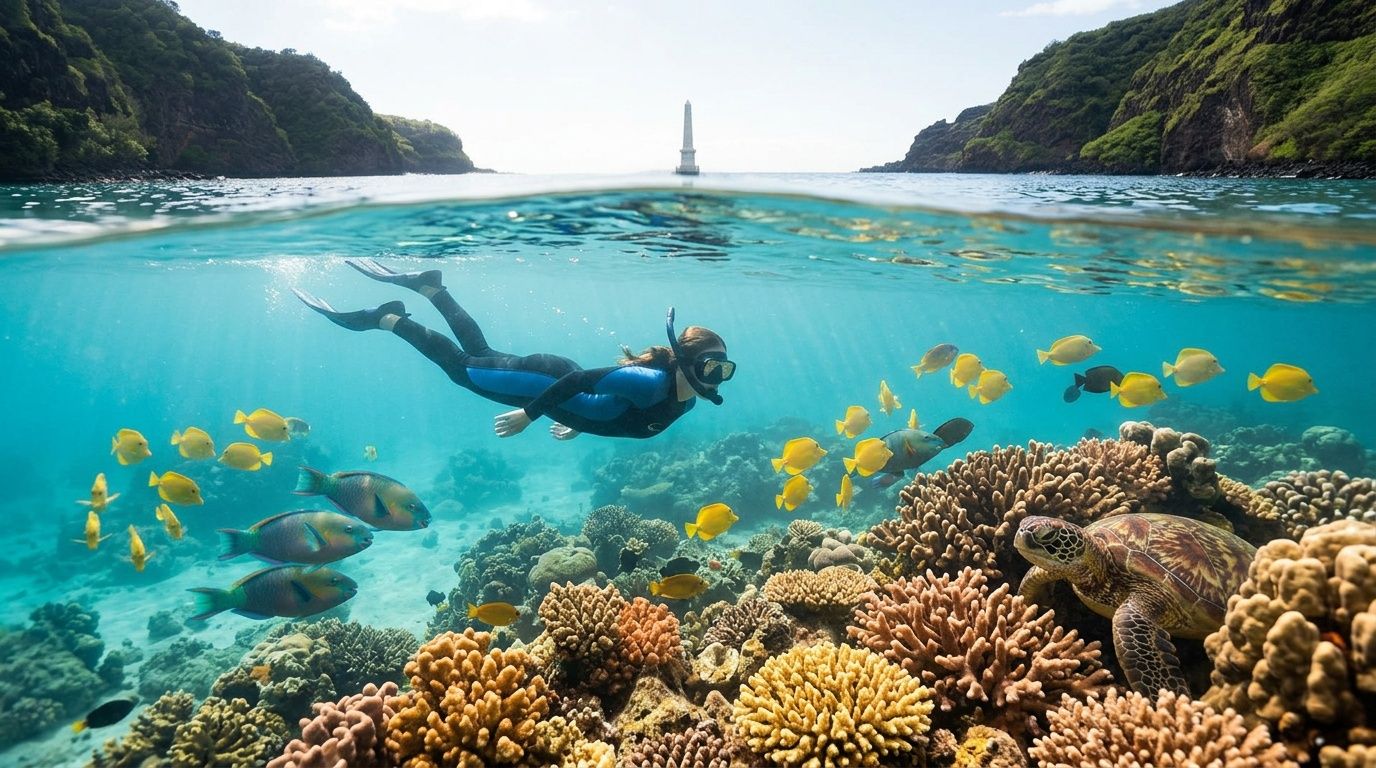 Snorkeler swims above colorful coral reef and fish near a sea turtle in clear water with distant lighthouse.
