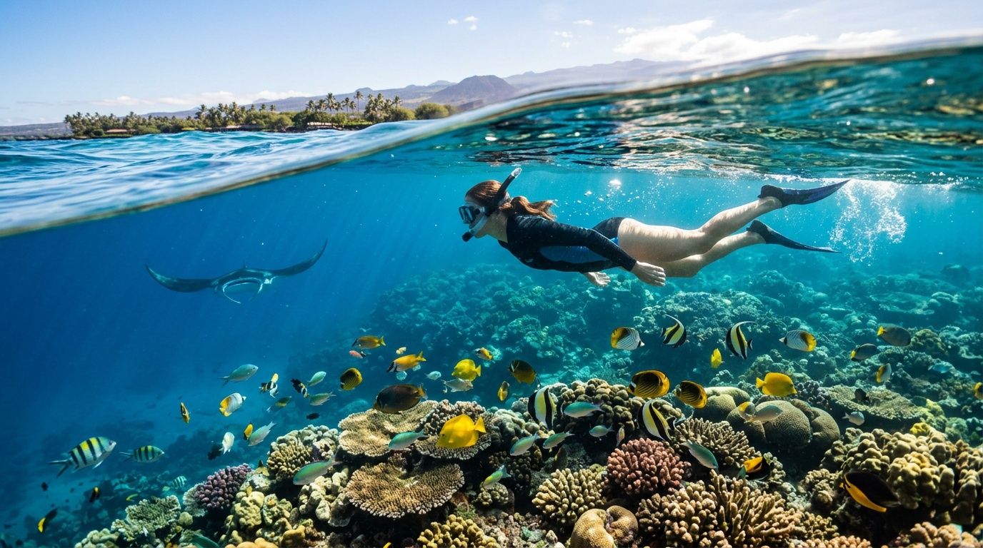 Person snorkeling over vibrant coral reef with fish and a manta ray in clear water.