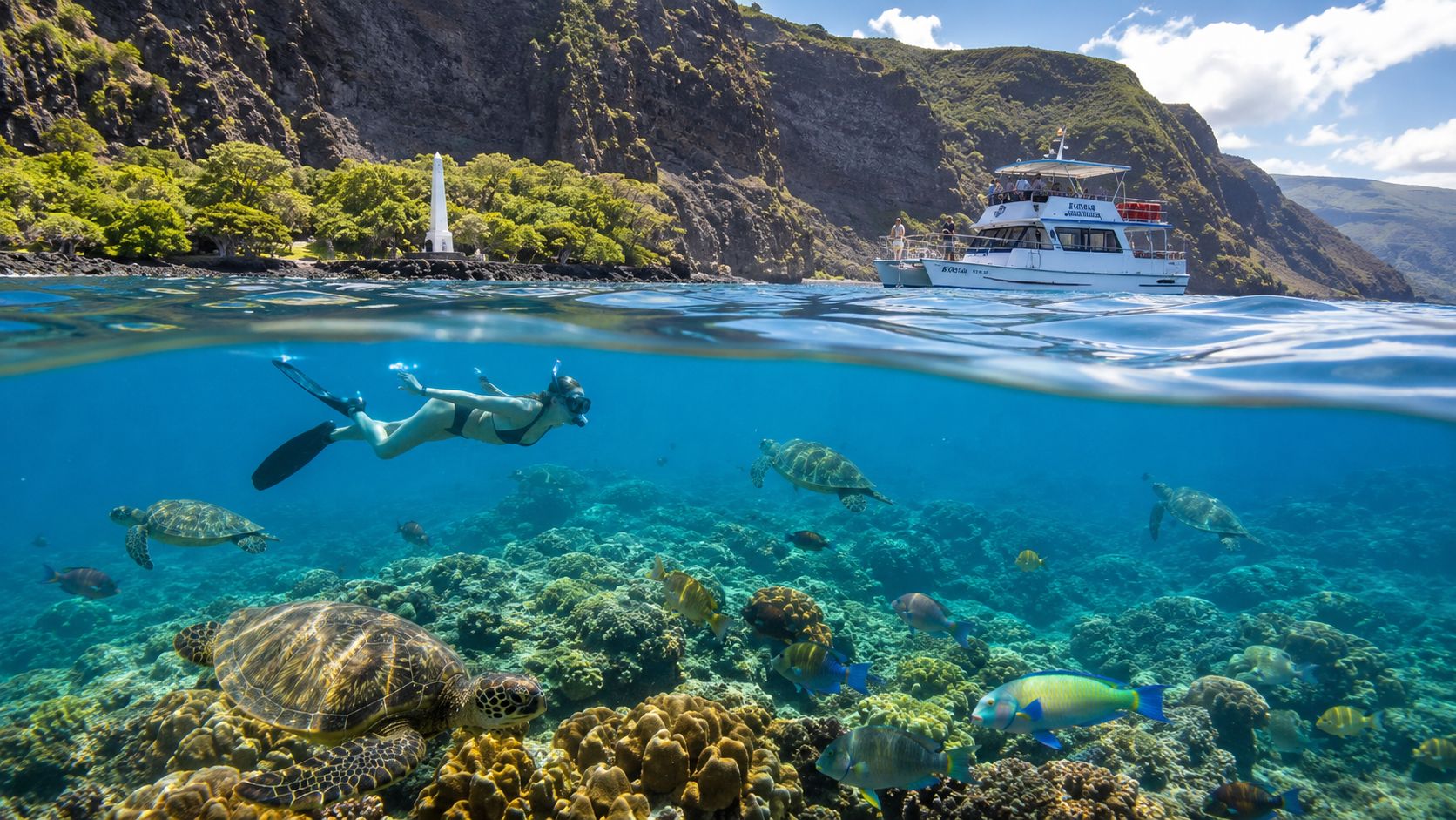 Snorkeler above coral reef with turtles, fish; boat and cliffs in background.
