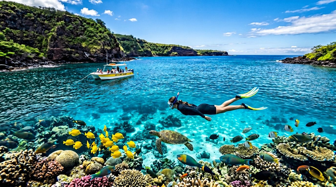 Person snorkeling over colorful coral reef with fish, near boat, in clear blue water.