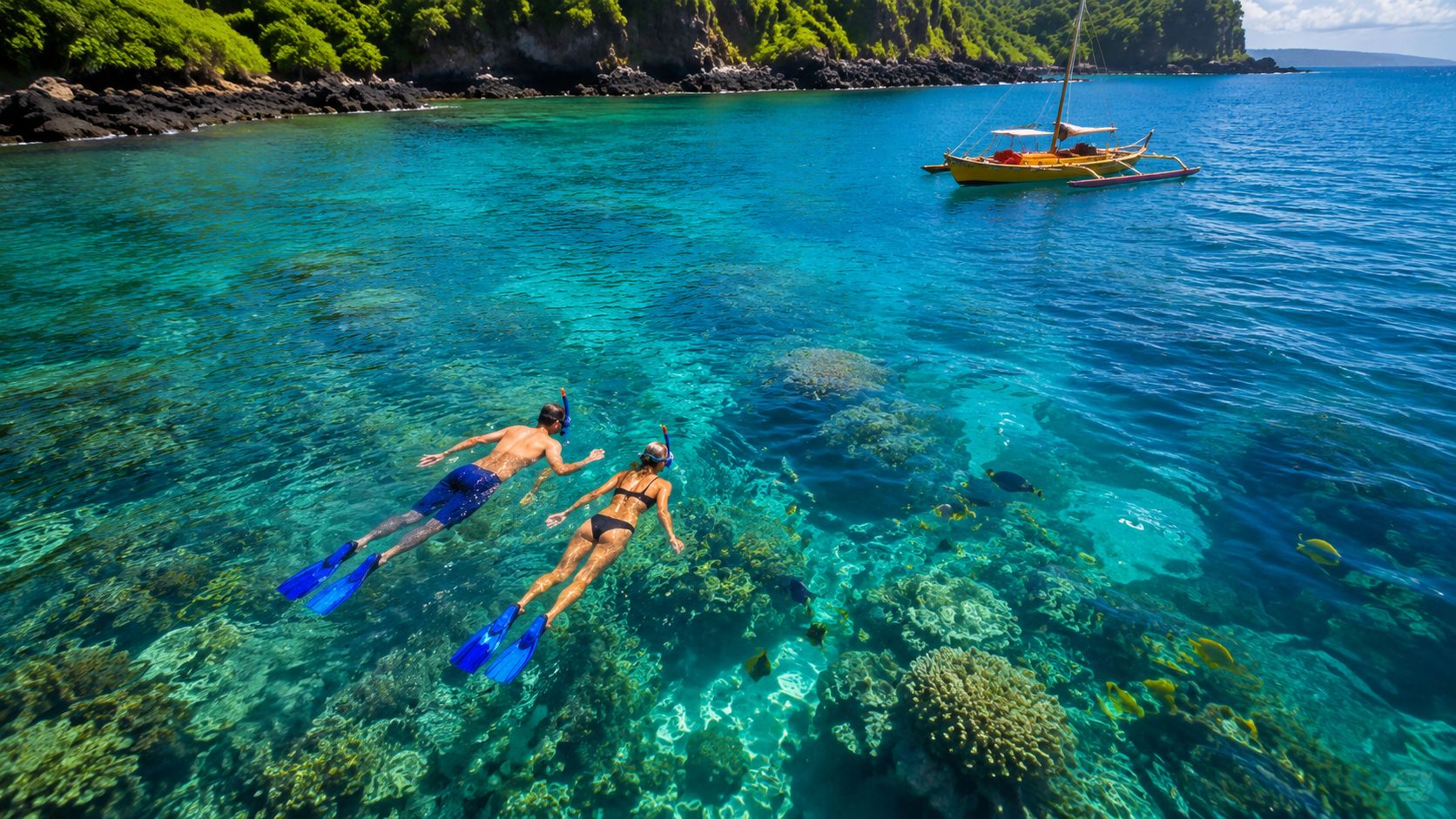 Two people snorkeling in clear blue water near coral reefs with a boat in the background.