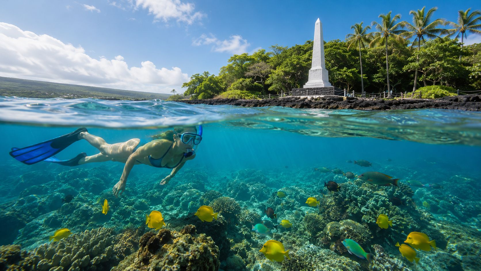 Snorkeler near coral reef with tropical fish and a white monument on shore under blue sky.