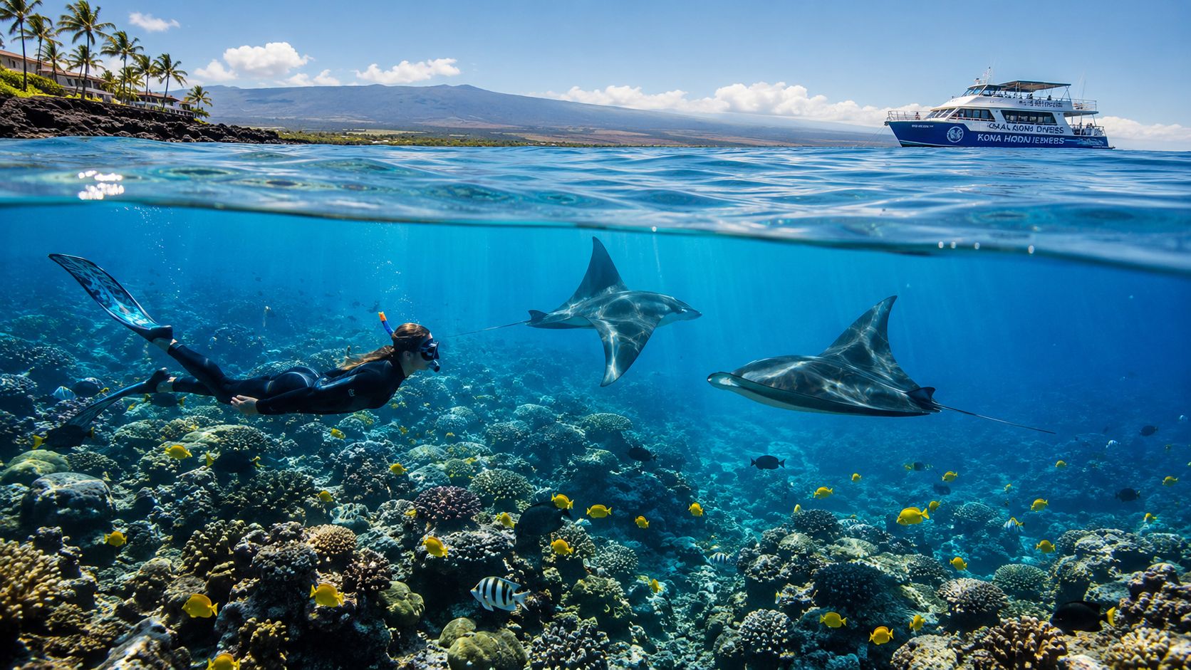 Person snorkeling near manta rays over coral reef, with boat on ocean surface.