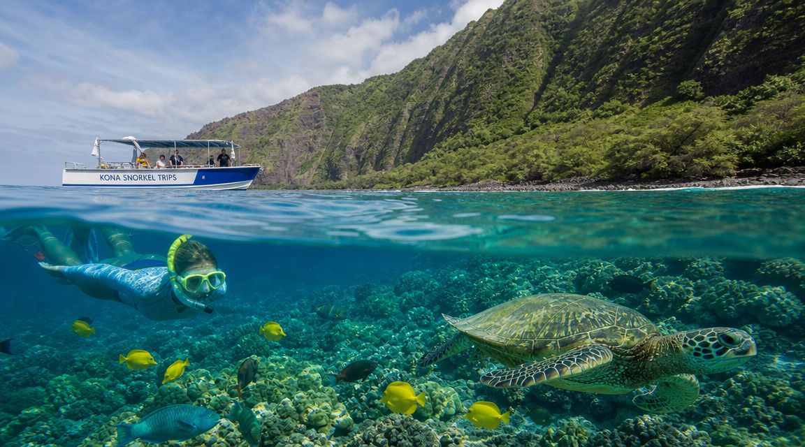 Snorkeler and sea turtle in clear water near rocky coast with tour boat above.