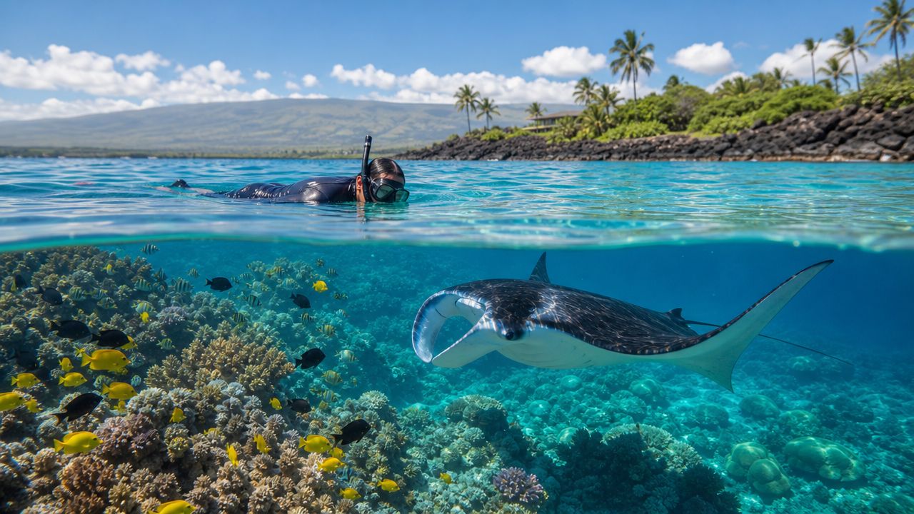 Snorkeler observing manta ray over a coral reef near an island shoreline.