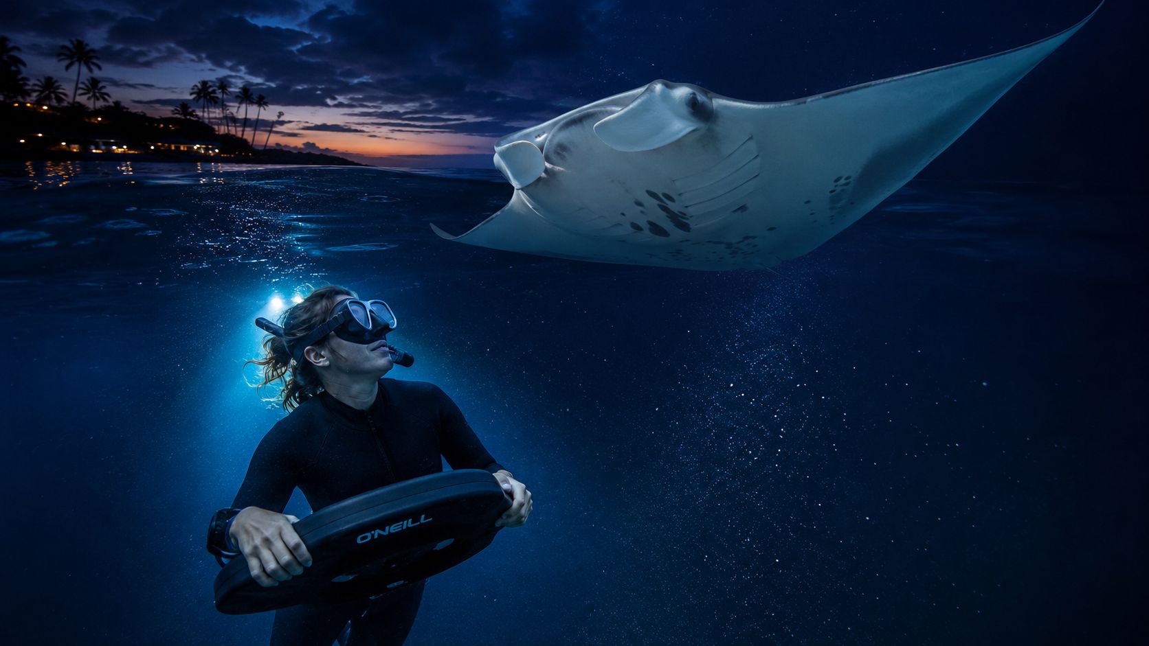 Diver with flashlight swims near a manta ray at night.
