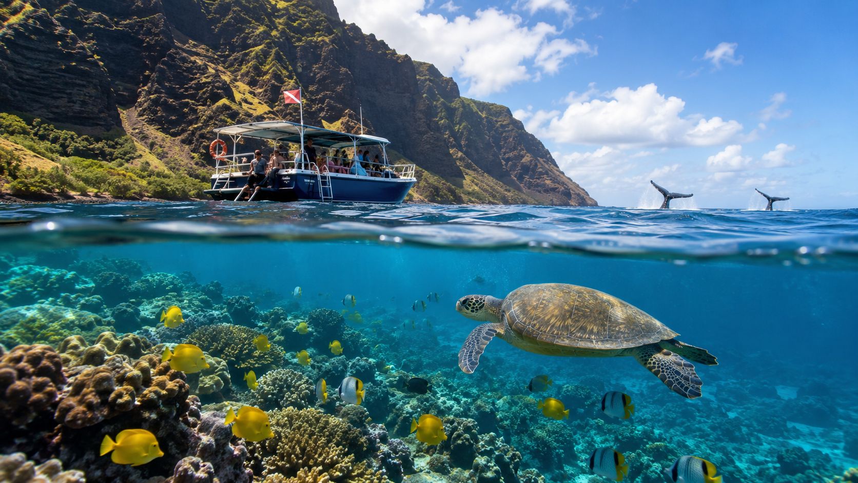 Underwater view with sea turtle, fish, boat, and cliffs above ocean surface.