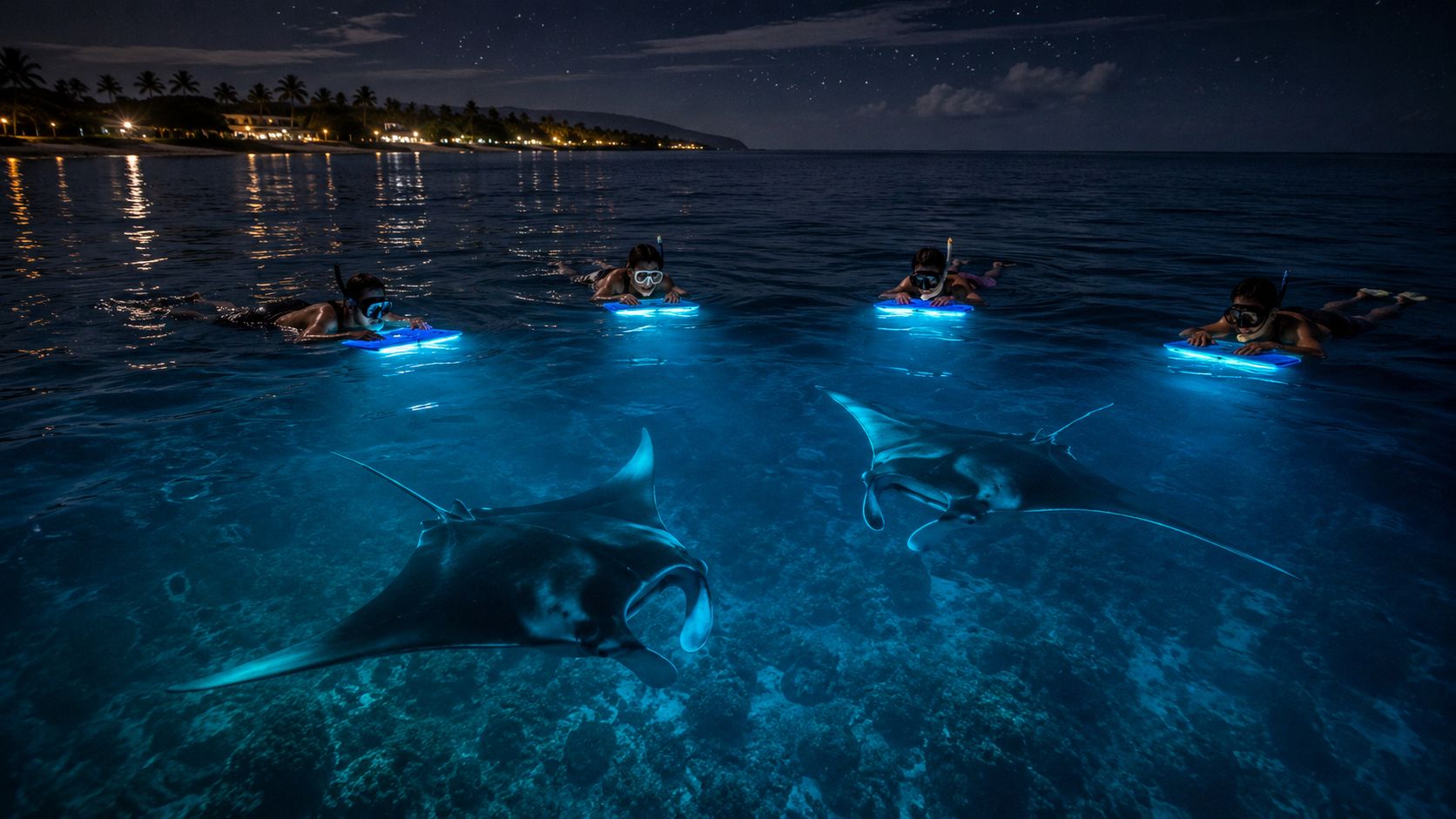Divers with lights observe manta rays underwater at night near a coastline.
