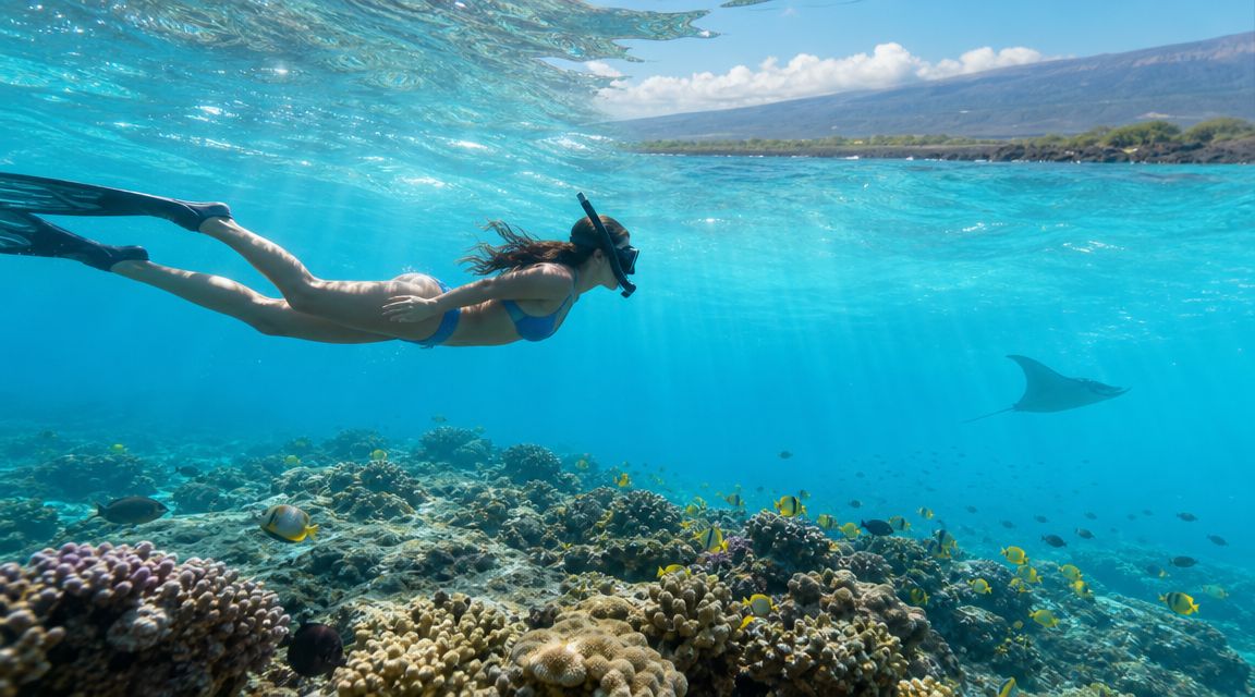 Person snorkeling over coral reef with a dolphin in the background.