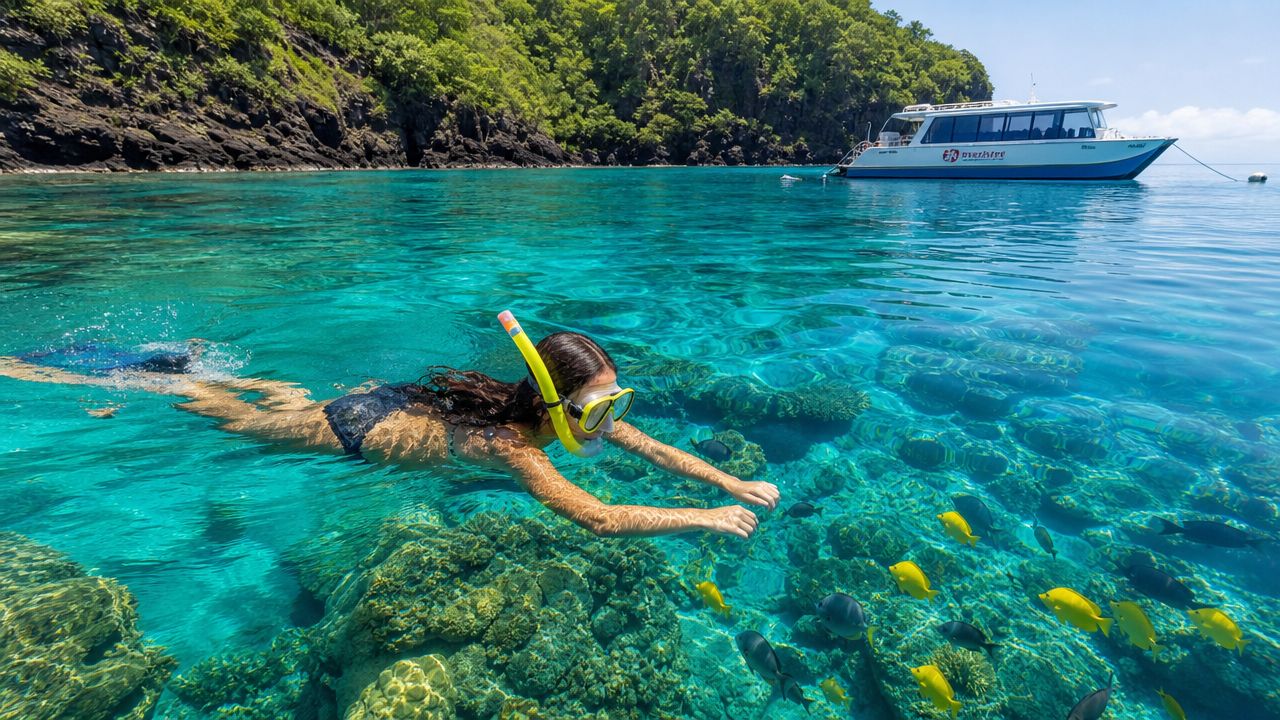 Person snorkeling over coral reef with yellow fish, boat in background.