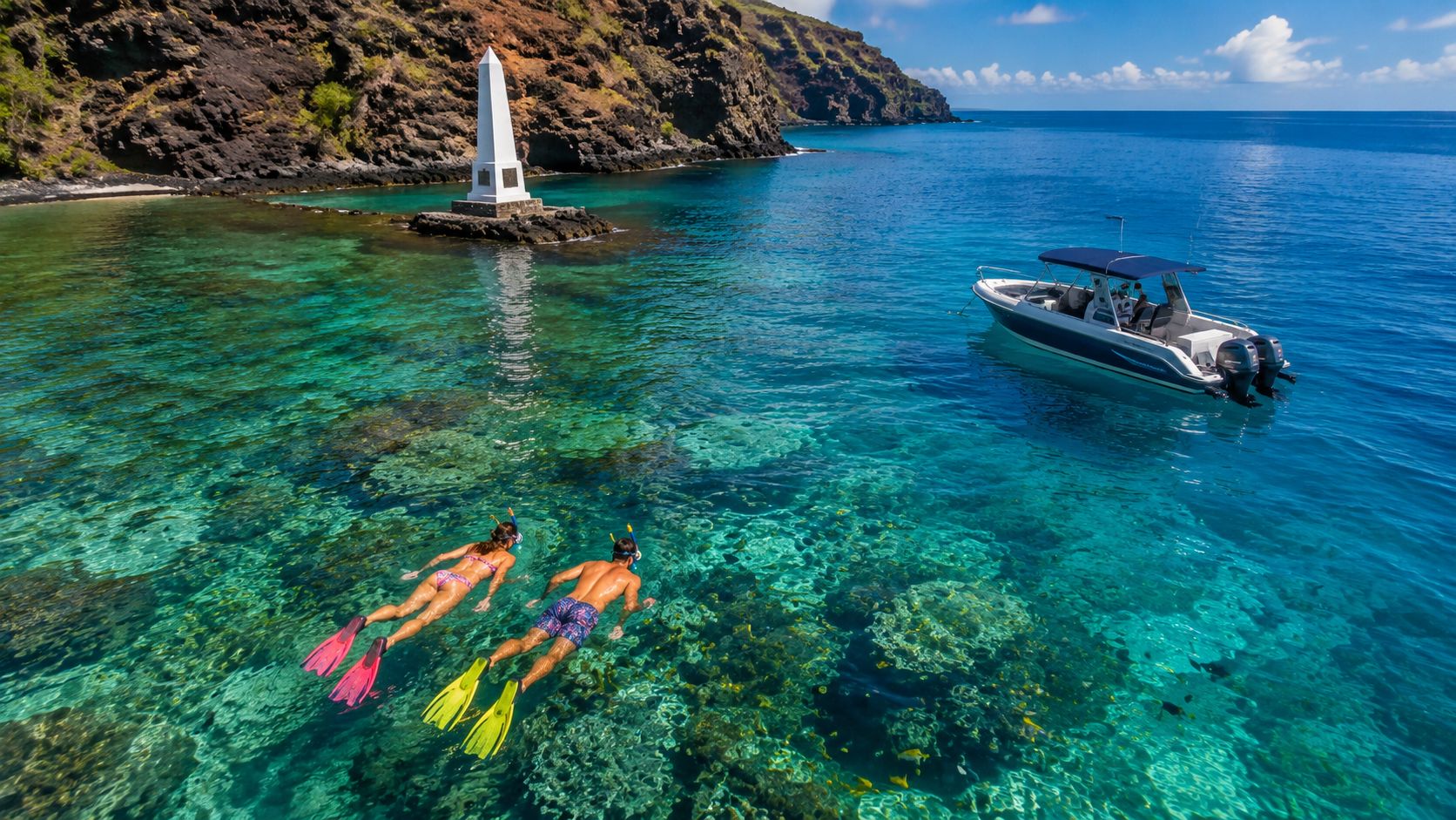 Two snorkelers near a boat and a monument in clear ocean waters.