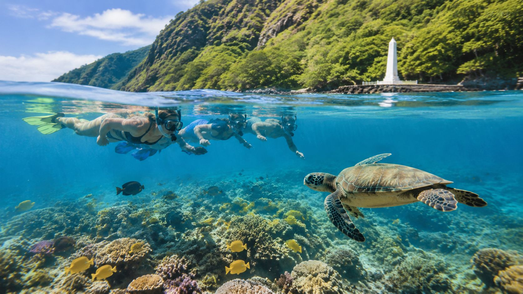 Snorkelers swimming near a sea turtle over coral reefs, with a mountainous coastline in the background.