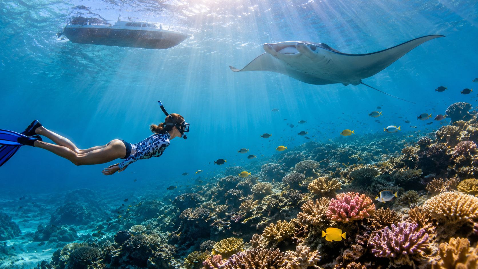 Snorkeler swims near coral reef with a manta ray, boat above.