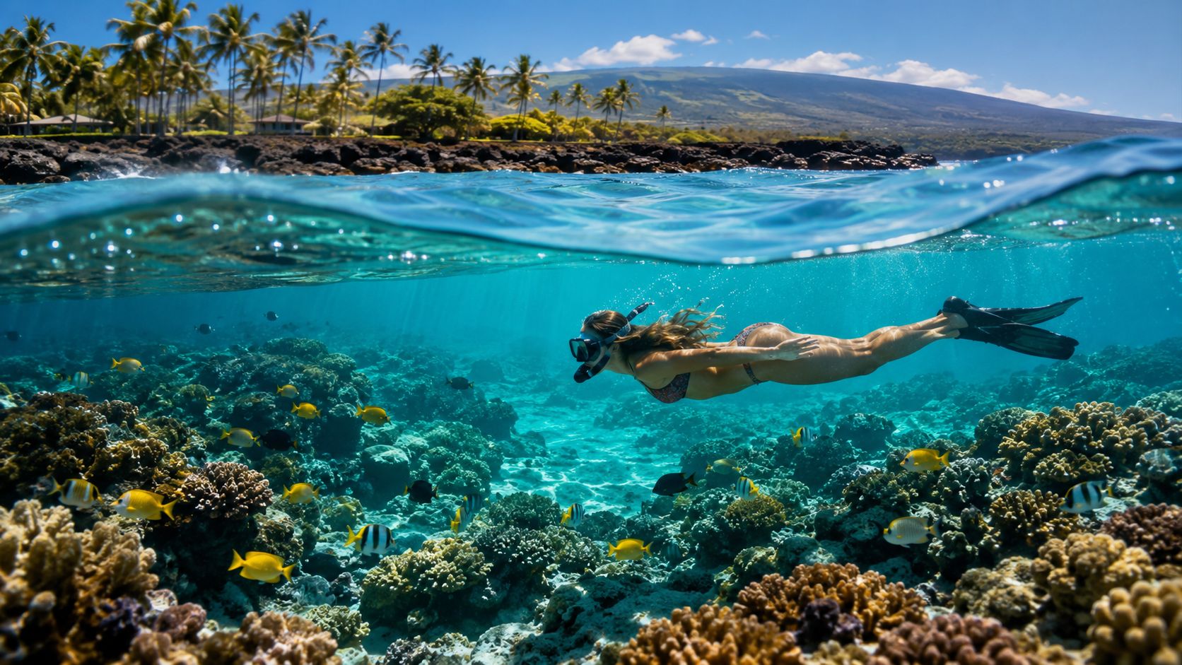 Snorkeler glides over vibrant coral reef with tropical fish and palm trees in the background.