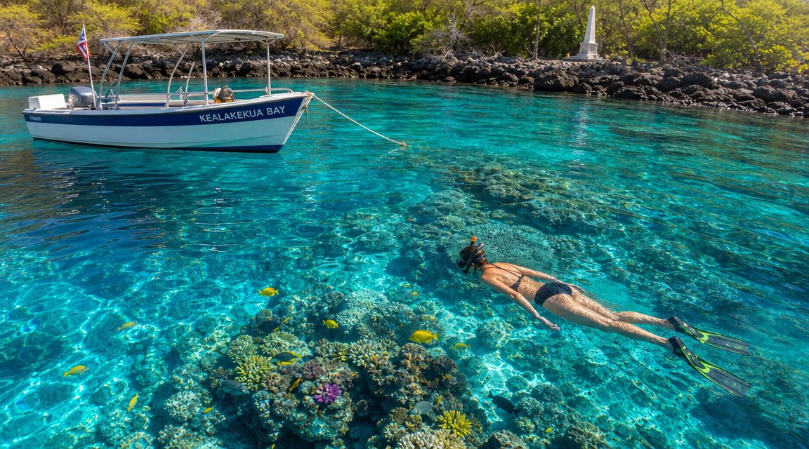 Person snorkeling near coral reef with a boat nearby in clear blue water.
