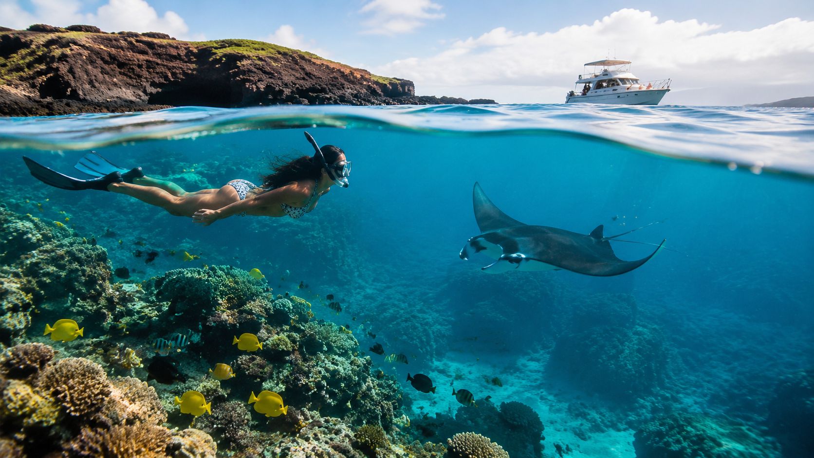 Woman snorkeling near fish and a manta ray with a boat in the background.
