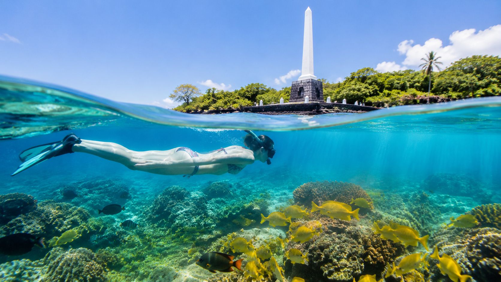 Snorkeler underwater near coral reef with obelisk monument and trees in background.