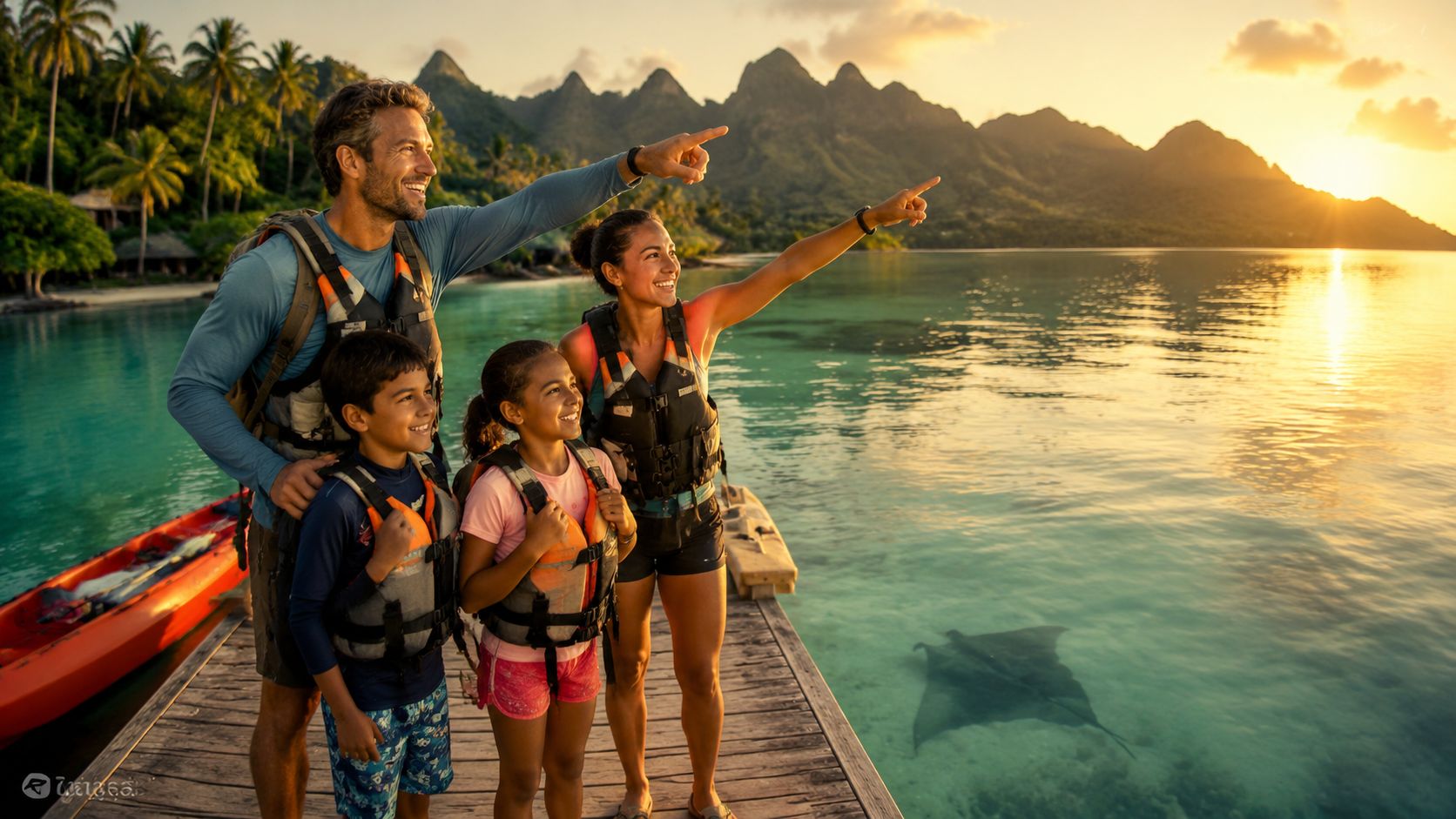 Family in life vests pointing at sunset over tropical mountains and water.