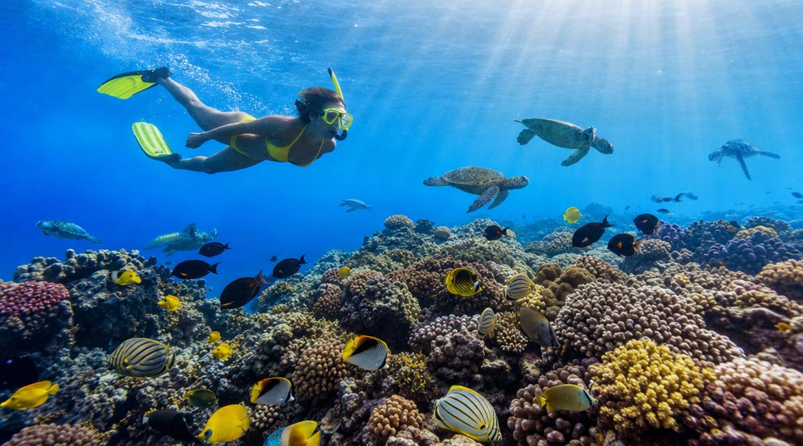 Snorkeler swimming over colorful coral reef with various fish and sea turtles.