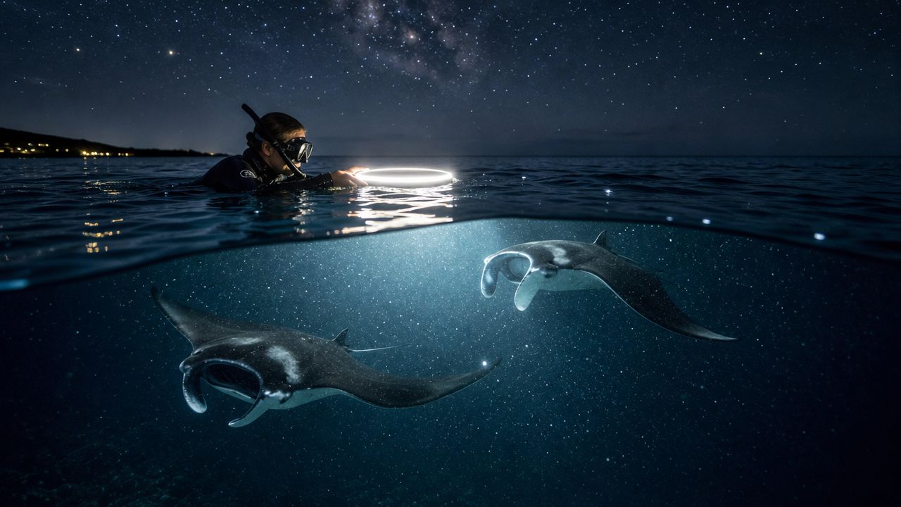 Snorkeler observing manta rays illuminated underwater at night.
