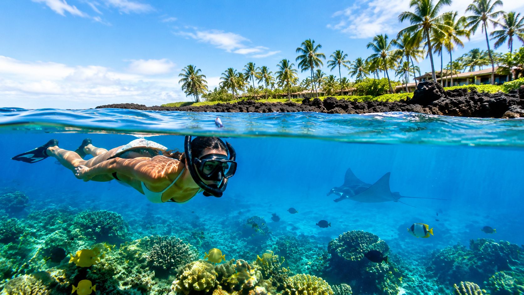 Person snorkeling over coral reef with manta ray, palm trees in background.