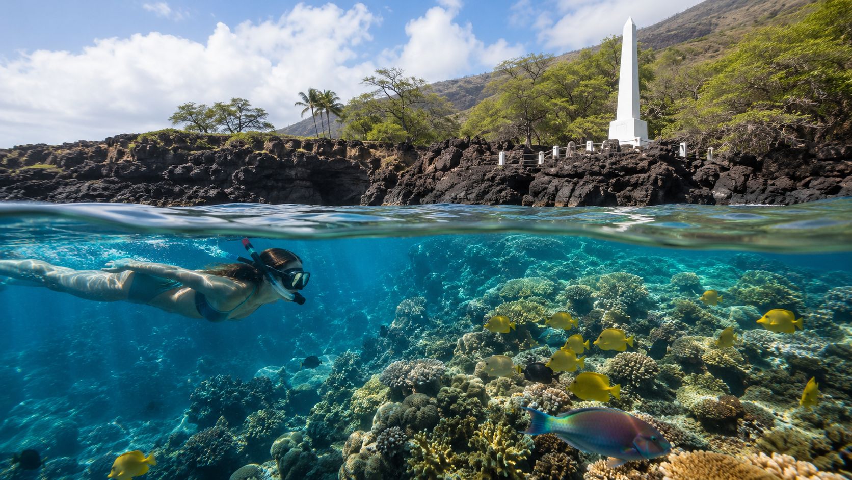 Snorkeler swims over coral reef with fish; monument visible on rocky shoreline.