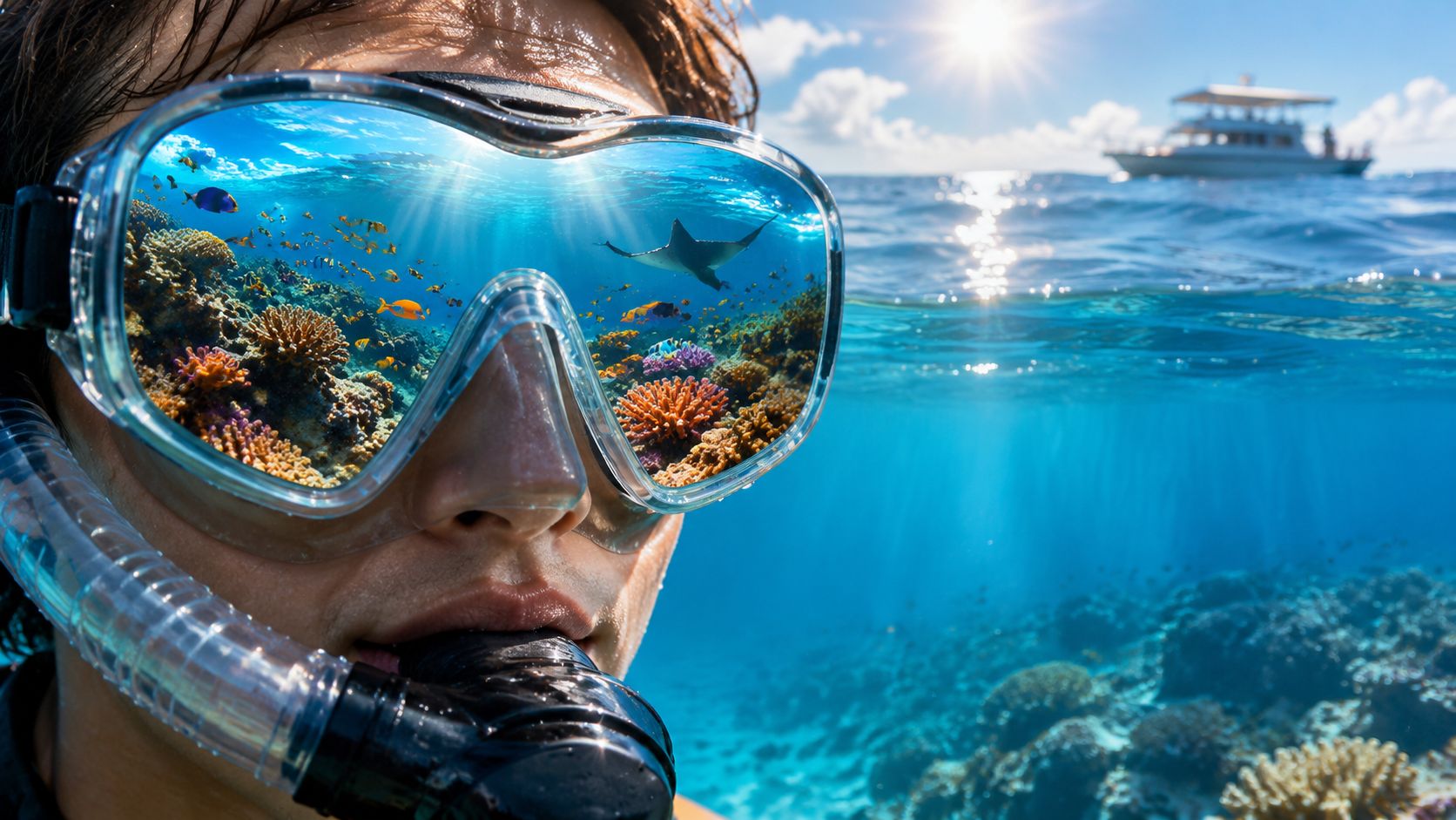 Diver with snorkeling mask reflecting coral reef and boat in background.