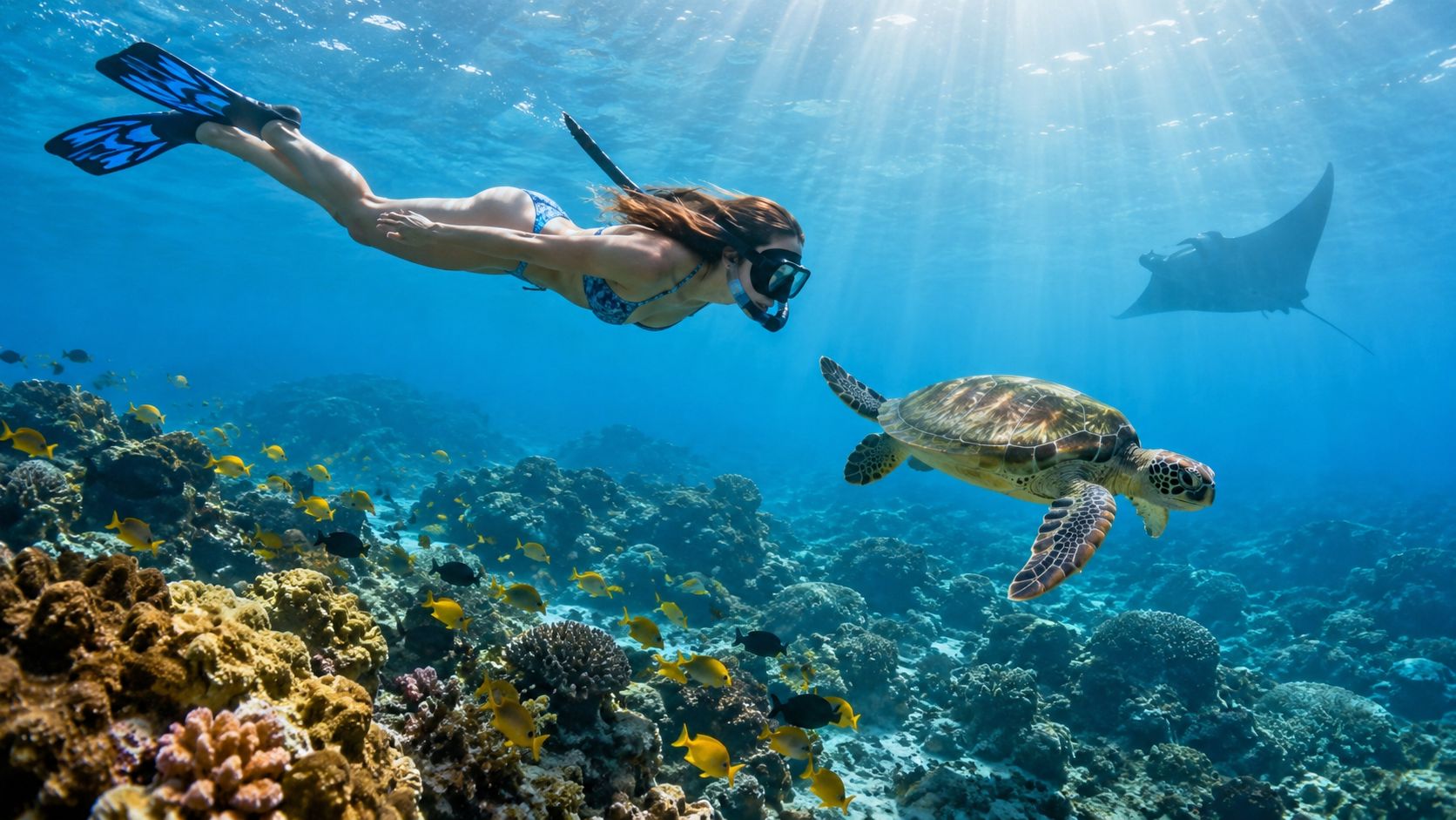 Snorkeler swims near sea turtle over coral reef, with manta ray in background.