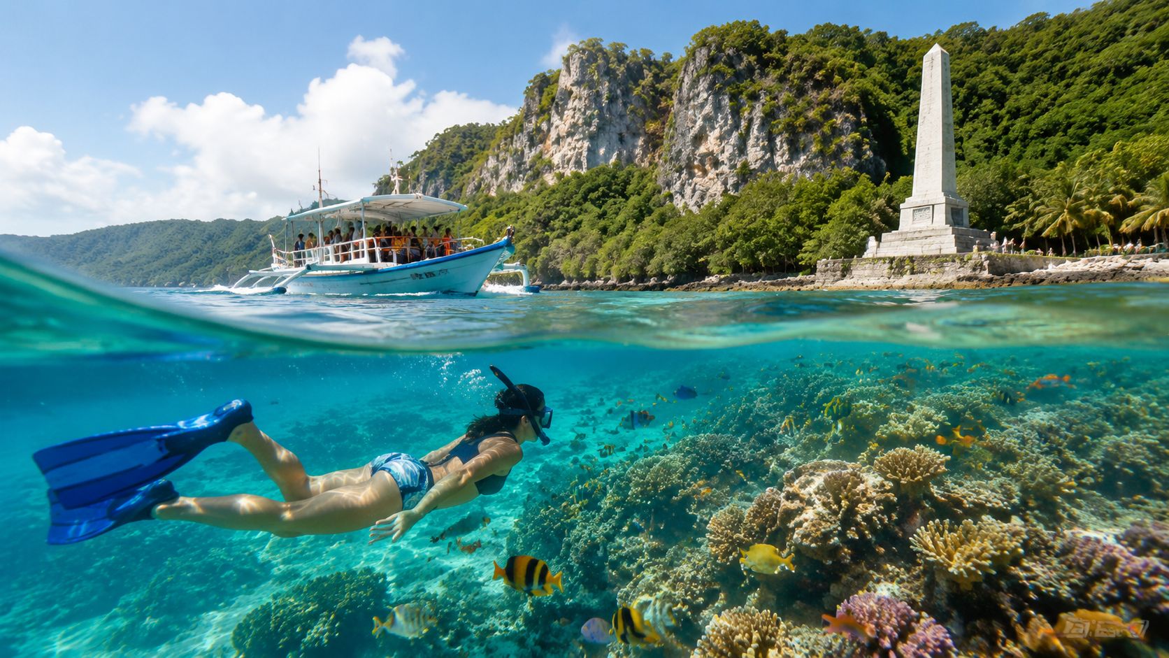 Woman snorkeling near coral reef with boat and obelisk monument in background.