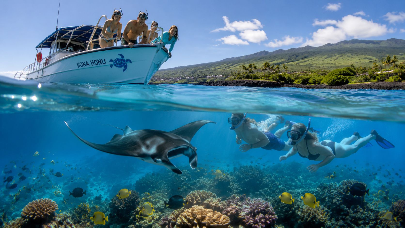 People snorkeling near a boat with a manta ray over coral reef, with mountains in the background.