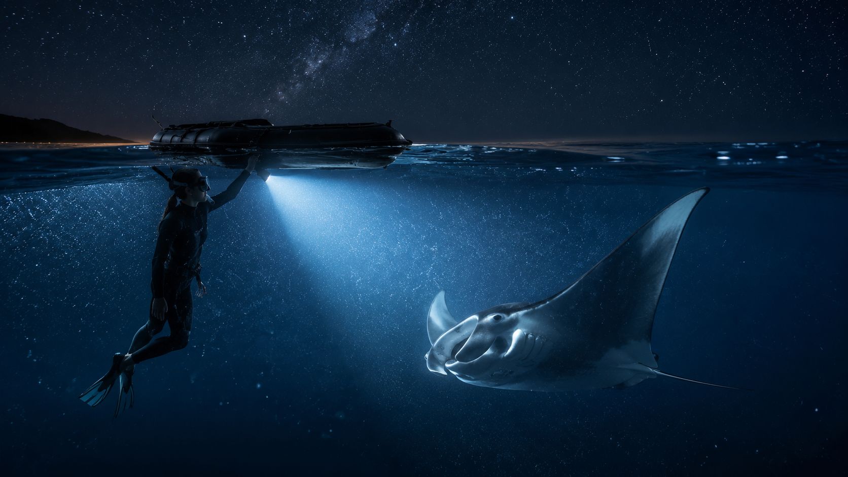 Diver with flashlight near manta ray under starry night sky.