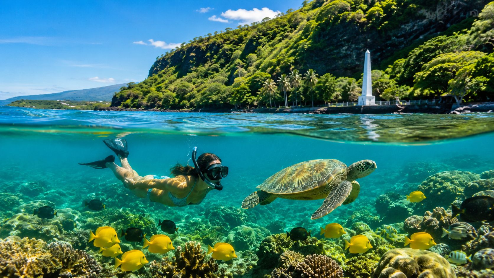 Person snorkeling near a sea turtle above coral, with a monument and lush hills in the background.