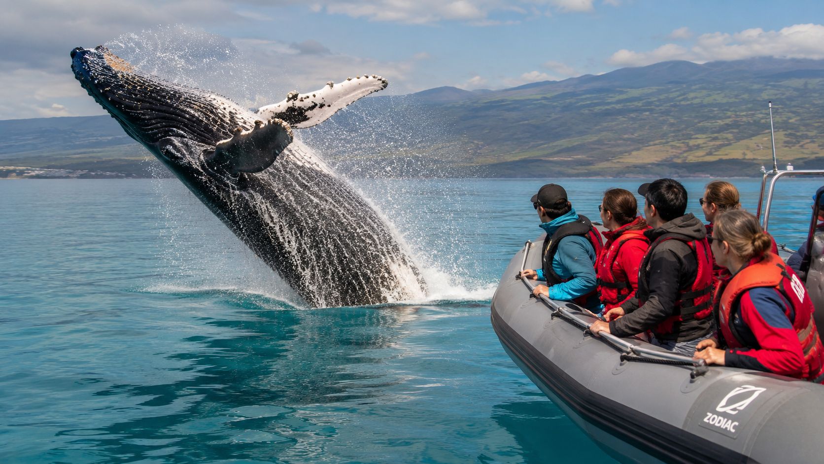 Humpback whale breaching near a boat with people in life jackets, ocean and mountains in background.
