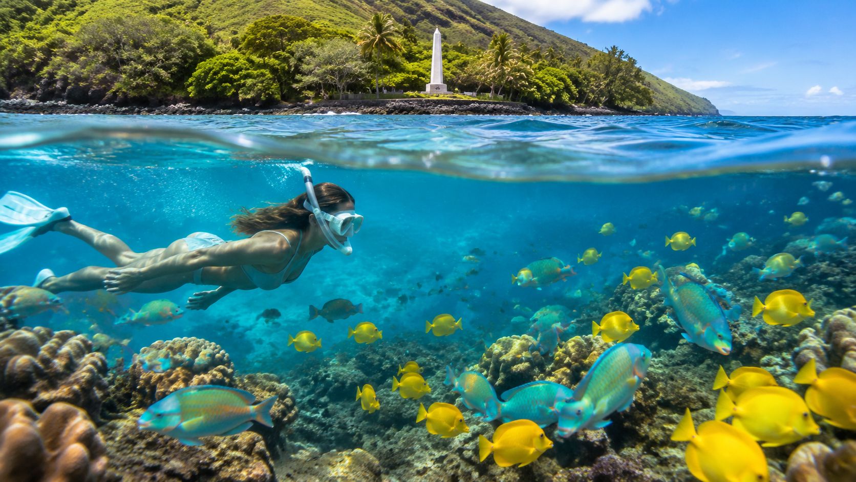 Person snorkeling underwater with fish near a tropical island and monument on shore.