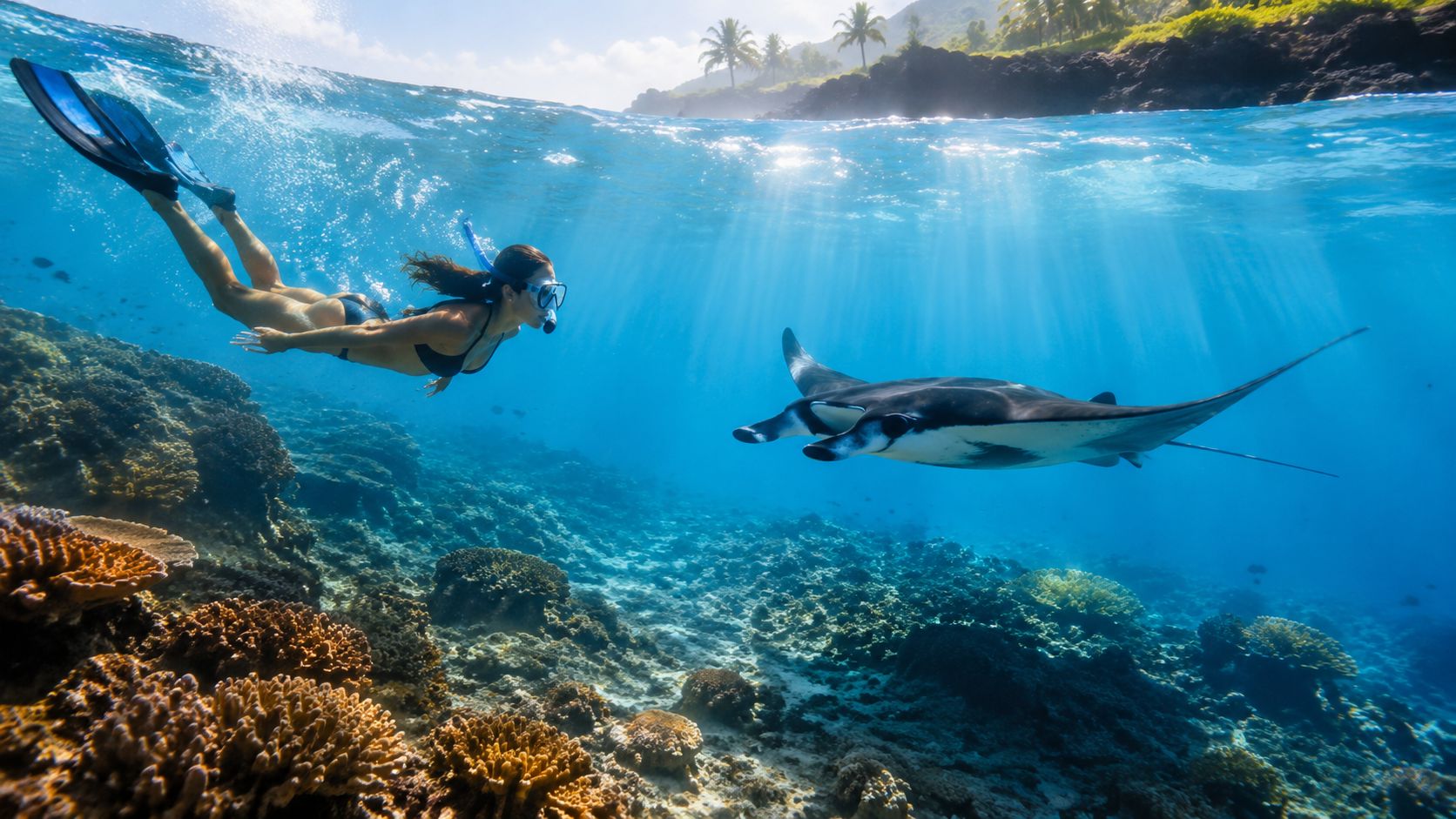 Person snorkeling near a manta ray in clear blue water with coral and a sunny sky.