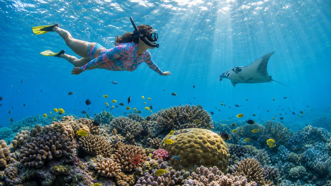 Person snorkeling above colorful coral reef with a manta ray swimming nearby.