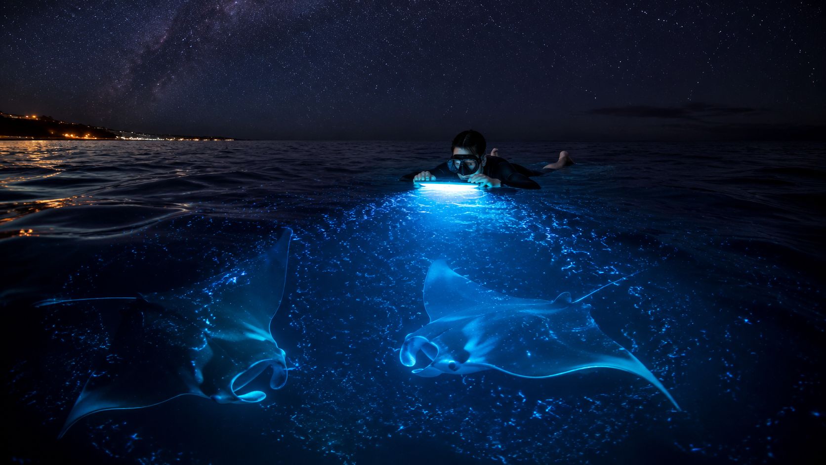 Person snorkeling at night with glowing manta rays in the water under a starry sky.