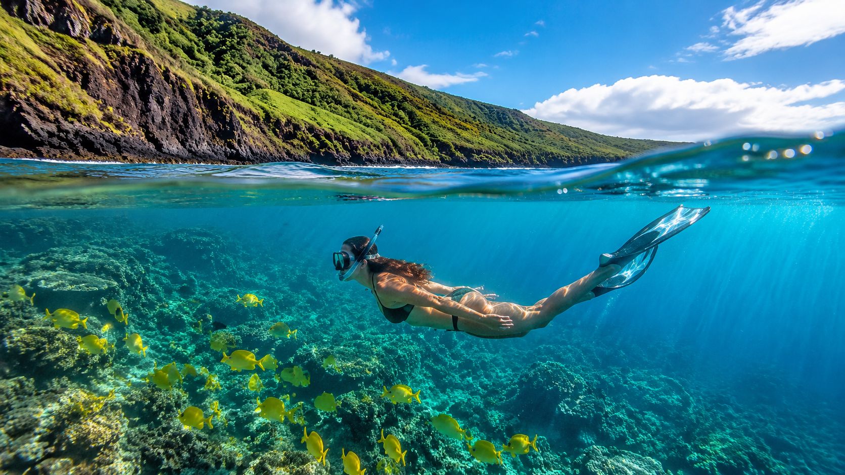 Person snorkeling over coral reef with yellow fish, lush hills in the background.