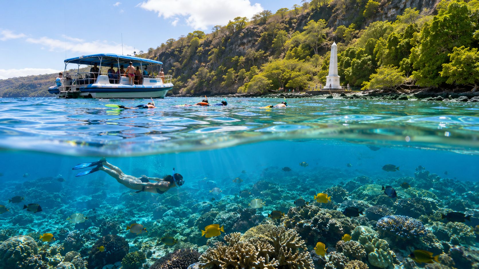Snorkelers near a boat and coral reef, with a coastal hill and monument in the background.