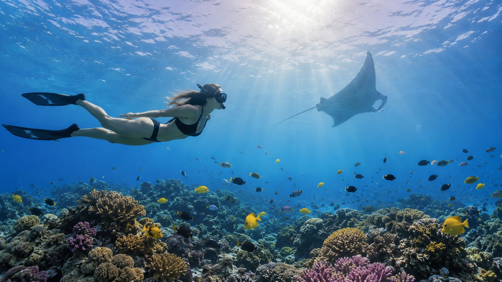 Person snorkeling near a manta ray over a colorful coral reef underwater.
