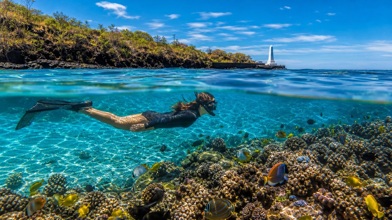 Person snorkeling over coral reef near lighthouse in clear blue water.